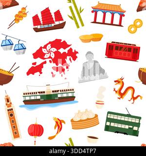 Icone tradizionali di Hong Kong, tra cui mappa, cibo, trasporti, drago e monumenti, disposte in un modello senza cuciture, ideali per temi culturali e di viaggio, isolate su sfondo bianco Illustrazione Vettoriale