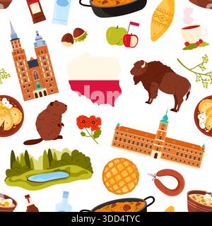 I tradizionali monumenti storici polacchi, il cibo, gli animali e gli elementi della natura sono disposti in un modello senza cuciture, mettendo in risalto la cultura e il patrimonio della Polonia in una colorata illustrazione vettoriale Illustrazione Vettoriale