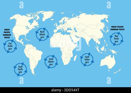 Mappa mondiale delle principali palestre oceaniche e delle zone di spazzatura marine Illustrazione Vettoriale
