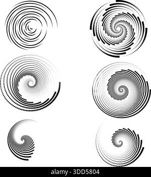 Elementi grafici a spirale astratti dinamici con diverse linee vorticose e motivi punteggiati, che creano un senso di movimento e un'illusione visiva per la modalità Illustrazione Vettoriale