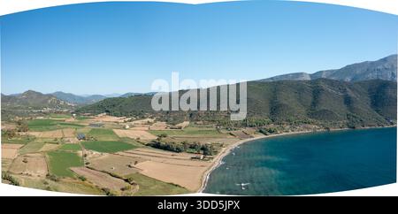 Ampio panorama aereo di campi coltivati che incontra una costa curva, con colline boscose che si innalzano dietro e acque cristalline sotto un cielo luminoso. Il paesaggio presenta texture naturali e vivaci colori estivi. Foto Stock