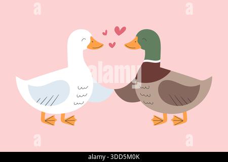 Due graziose anatre disegnate a mano che si tengono le ali a vicenda. Anatra cartoni animati e drake innamorato. Illustrazione vettoriale Illustrazione Vettoriale