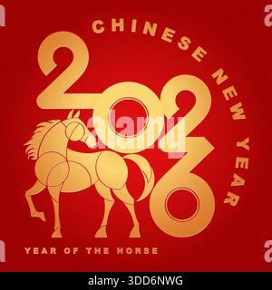 Capodanno cinese 2026 su sfondo rosso. L'anno del cavallo. Numeri d'oro Vector Modern Art per copertina, cartoncino, poster, striscione, logo zodiacale Illustrazione Vettoriale
