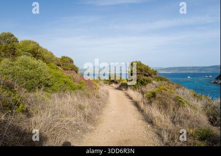 Il sentiero sterrato illuminato dal sole si snoda tra arbusti asciutti e cespugli verdi, che conduce verso il mare azzurro e le colline lontane lungo la costa Navarino in Messenia, Peloponneso. Foto Stock