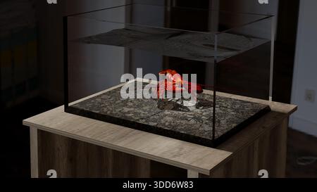 Rendering realistico di un modello 3D di un'aragosta in un acquario sulla scrivania di una camera da letto. Foto Stock