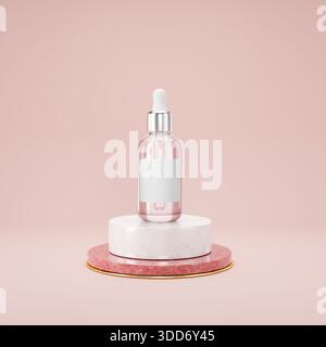Vetrina cosmetica. Flacone per la cura della pelle con siero su un piedistallo in marmo e oro. Acido ialuronico, prodotti cosmetici a base di siero organico con peptide e labbra vuote Foto Stock