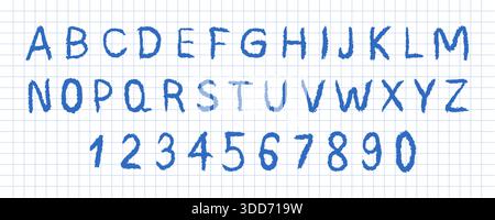 Pastello dell'alfabeto inglese. Carattere originale con dettagli ruvidi per un look divertente e titoli creativi o materiale didattico. Vettore Illustrazione Vettoriale