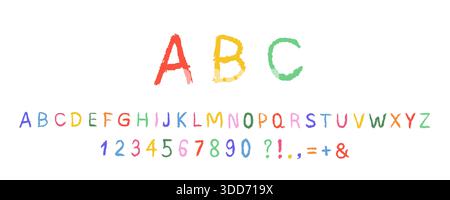 Pastello dell'alfabeto inglese. Carattere ABC ingenuo e infantile con lettere di pastello di cera. Font bambini. Illustrazione vettoriale Illustrazione Vettoriale