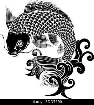 Koi Carp Fish Vintage Giapponese in stile Woodcut Art Illustrazione Vettoriale