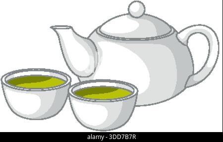 Immagine vettoriale pulita di una teiera bianca e due tazze riempite di tè verde Illustrazione Vettoriale