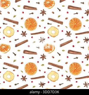 Bastoncini di cannella aromatici, stelle di anice, chiodi di garofano, fette di mela e arancia motivo senza cuciture isolato con acquerello. Spezie e frutta secca Foto Stock