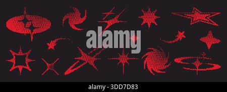 Stelle pixel rosse isolate su sfondo nero. Illustrazione vettoriale di icone y2k a 8 bit, vecchi giochi per computer o elementi di progettazione software, ornamenti spaziali mezzitoni, confezione di adesivi retro con pixel geometrici Illustrazione Vettoriale