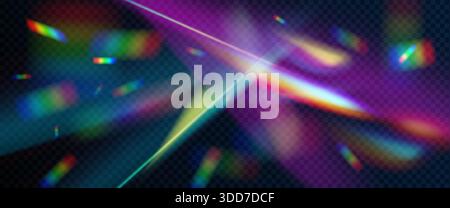Luce parassita prisma astratto su sfondo nero trasparente. Illustrazione vettoriale realistica della rifrazione delle lenti in vetro iridescente, raggi di colore dell'arcobaleno, coriandoli olografici che volano in aria, effetto sovrapposizione Illustrazione Vettoriale