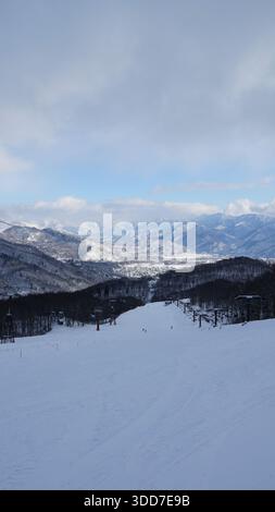 Avventura sciistica Hakuba Goryu: Piste innevate e vista sulle montagne Foto Stock