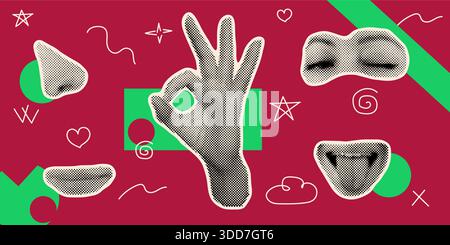 Collage di mezzitoni con labbra naso occhi e mani. Ritratto vettoriale retrò pop art con parti del volto umano. Design astratto con motivo tratteggiato in stile y2k Illustrazione Vettoriale