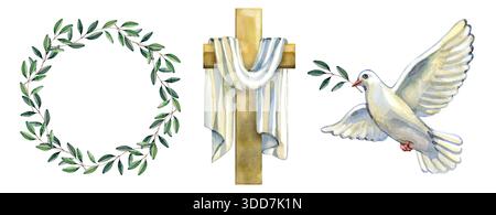 Collezione di acquerelli di elementi religiosi pasquali. Include una corona verde di ramoscello d'oliva, una croce di legno dorata drappeggiata con un panno bianco e una bianca Foto Stock
