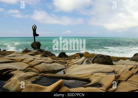 Donna fare yoga lungo la rude costa della California, sale Point State Park. Foto Stock