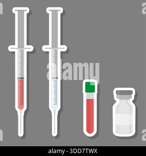 Illustrazione sul tema Set grande colorato diversi tipi di siringhe, aghi per ospedale, siringa composta da accessorio di raccolta con contr. Qualità Illustrazione Vettoriale