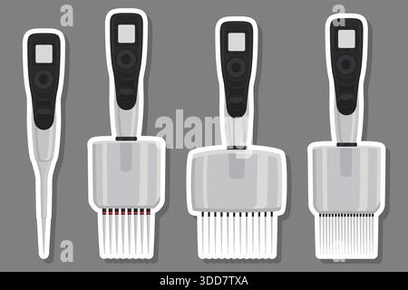 Illustrazione sul tema grande kit pipetta medica diversa, contagocce per laboratorio. Contagocce modello costituito da molte pipette mediche da laboratorio sul retro Illustrazione Vettoriale