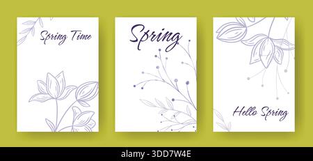 Set di delicate carte elastiche. Layout con fiori, erbe e testo. Ciao primavera. Modelli per volantini, opuscoli, opuscoli e cartoline, vettoriali Illustrazione Vettoriale