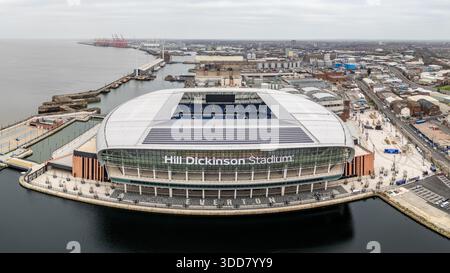Un panorama aereo a più immagini dell'Hill Dickinson Stadium, la nuova sede dell'Everton Football Club presso l'ex Bramley Moore Dock sul Liverpool W Foto Stock