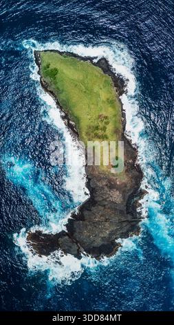 Isola rocciosa panoramica nell'oceano con onde, vista dall'alto, vista aerea Foto Stock