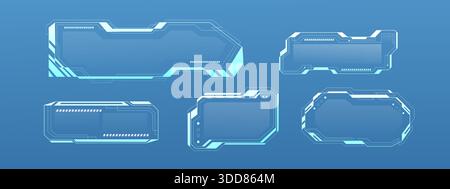 Frame Tech UI in stile cyberpunk con elementi di interfaccia digitali blu neon. Design futuristico dell'HUD, schermo di gioco ed elementi scifi per sfondi grafici moderni. Elemento vettoriale con bordi luminosi. Illustrazione Vettoriale