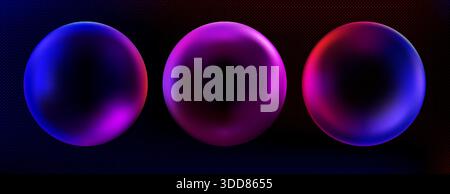 Sfere di gradiente 3D e bolle astratte su sfondo nero. Forme futuristiche e fluide fondono colori neon dal blu al rosa e rosso con effetti di luce soffusa. Fluido dinamico forme circolari moderne. Illustrazione Vettoriale