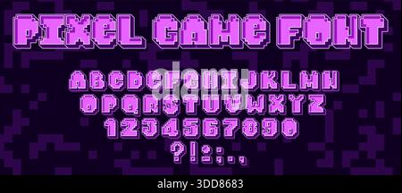 Tipografia dei pixel di gioco rétro con il classico stile dei font per computer a 8 bit. Elementi di testo video Arcade con lettere geometriche e un'estetica di gioco vintage. Design dell'interfaccia cyberpunk in colori neon. Illustrazione Vettoriale