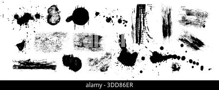 Macchie nere e tratti di vernice impostati su sfondo bianco. Illustrazione vettoriale realistica di texture astratte di spruzzi d'inchiostro, spruzzi di spruzzi, scarabocchi graffiati al carbone, elementi di design grintosi Illustrazione Vettoriale