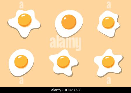 Icona Set of Fried egg Flat (Set di uova fritte piatte). Illustrazione del vettore Omelet sull'uovo su sfondo trasparente isolato. Simboli adesivi fritti concetto di cibo sano. Illustrazione Vettoriale