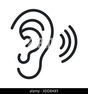 Icona dell'orecchio in bianco e nero concetto di ascolto Sound Waves Communication Vector Illustration Illustrazione Vettoriale