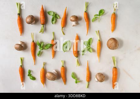 Erbe fresche di basilico con piccole carote e funghi champignon in file su sfondo di marmo bianco. Piatto, spazio. Concetto di cucina, background gastronomico. Foto Stock