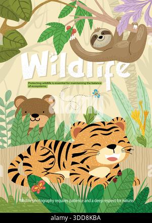 Tigre, orso e bradipo dei cartoni animati nella foresta tropicale che promuove la protezione della fauna selvatica e dell'ecosistema Illustrazione Vettoriale
