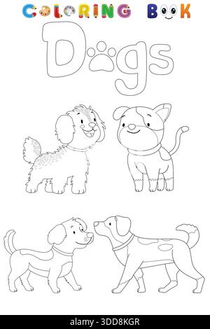 Set di cartoni animati in bianco e nero di cani carini per libri da colorare, illustrazioni vettoriali delineate per i bambini Illustrazione Vettoriale