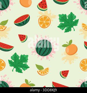 Motivo di frutta senza cuciture con anguria, fette di arancia, pesca e foglie tropicali su sfondo verde chiaro Illustrazione Vettoriale