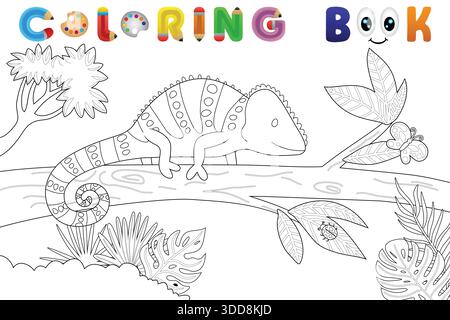 Carino camaleonte sul ramo dell'albero con farfalla e foglie, pagina libro da colorare in bianco e nero per bambini Illustrazione Vettoriale