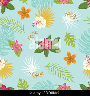 Motivo floreale tropicale senza cuciture con fiori esotici colorati, foglie di palma ed elementi botanici su sfondo verde chiaro Illustrazione Vettoriale