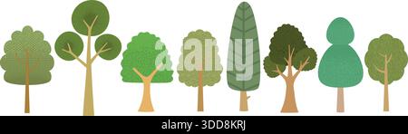 Set di elementi piatte dell'albero dei cartoni animati in varie forme e sfumature verdi, isolati su sfondo bianco Illustrazione Vettoriale