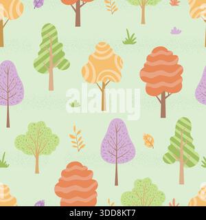 Motivo senza cuciture con alberi di cartoni animati colorati e foglie in stile piatto disegnato a mano su sfondo verde chiaro Illustrazione Vettoriale