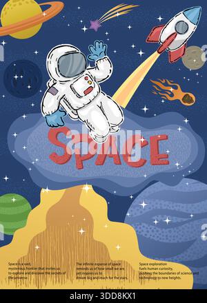 Astronauta cartoni animati che galleggia nello spazio con pianeti, stelle, razzi e meteore, illustrazione colorata dello spazio educativo per i bambini Illustrazione Vettoriale