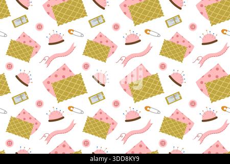 Motivo senza cuciture con un kit per cucire, una collezione di utensili e accessori per cucire disegnati a mano in uno stile piatto. Disegni ornamentali con fili, ginocchio Illustrazione Vettoriale