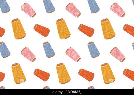 Motivo senza cuciture con un kit per cucire, una collezione di utensili e accessori per cucire, disegnati a mano in uno stile piatto. Ornamento con fili. Per l'artigianato e l'industria Illustrazione Vettoriale