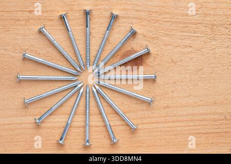 Gruppo di chiodi in acciaio lucido e nuovi disposti in modo ordinato a cerchio su sfondo in legno naturale. Primo piano. Alta risoluzione Foto Stock