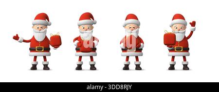 babbo natale 3d. Confezione regalo natalizia, regalo carino e personaggi felici in tuta rossa, design per l'anno nuovo. Isolato rappresenta il classico simbolo delle vacanze di natale, uomo divertente in piedi. Illustrazione vettoriale Illustrazione Vettoriale