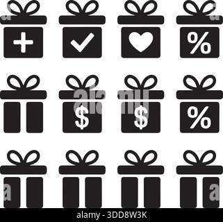 Icone della confezione regalo silhouette Vector pacchetto sconto Heart Check Illustrazione Vettoriale