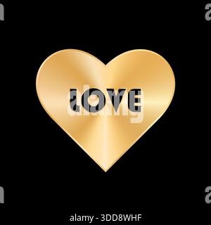 Un cuore dorato metallizzato con la parola "amore" su sfondo nero. Illustrazione Vettoriale