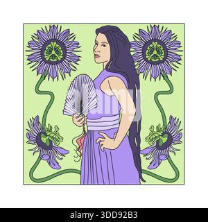 Bella donna dai capelli lunghi in stile art nouveau con ventilatore e cornice in fiori passiflora. Bella ragazza d'epoca e poster floreale sul bordo Illustrazione Vettoriale