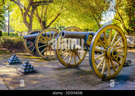 Una collezione di cannoni d'artiglieria d'epoca esposti all'aperto nello storico sito nazionale di Fort Vancouver a Washington. Foto Stock
