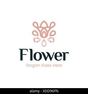 Fiori in fiore eleganti e creativi con un concetto di omogeneità ornamentale simmetrica, illustrazione con logo, linee simbolo con gocce d'acqua Illustrazione Vettoriale